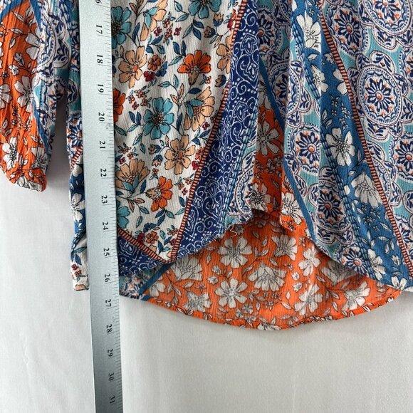 Lola P. Top Size L Peasant Boho Floral Blouse Shirred Tasseled Slit Sleeve Blue - Picture 10 of 10